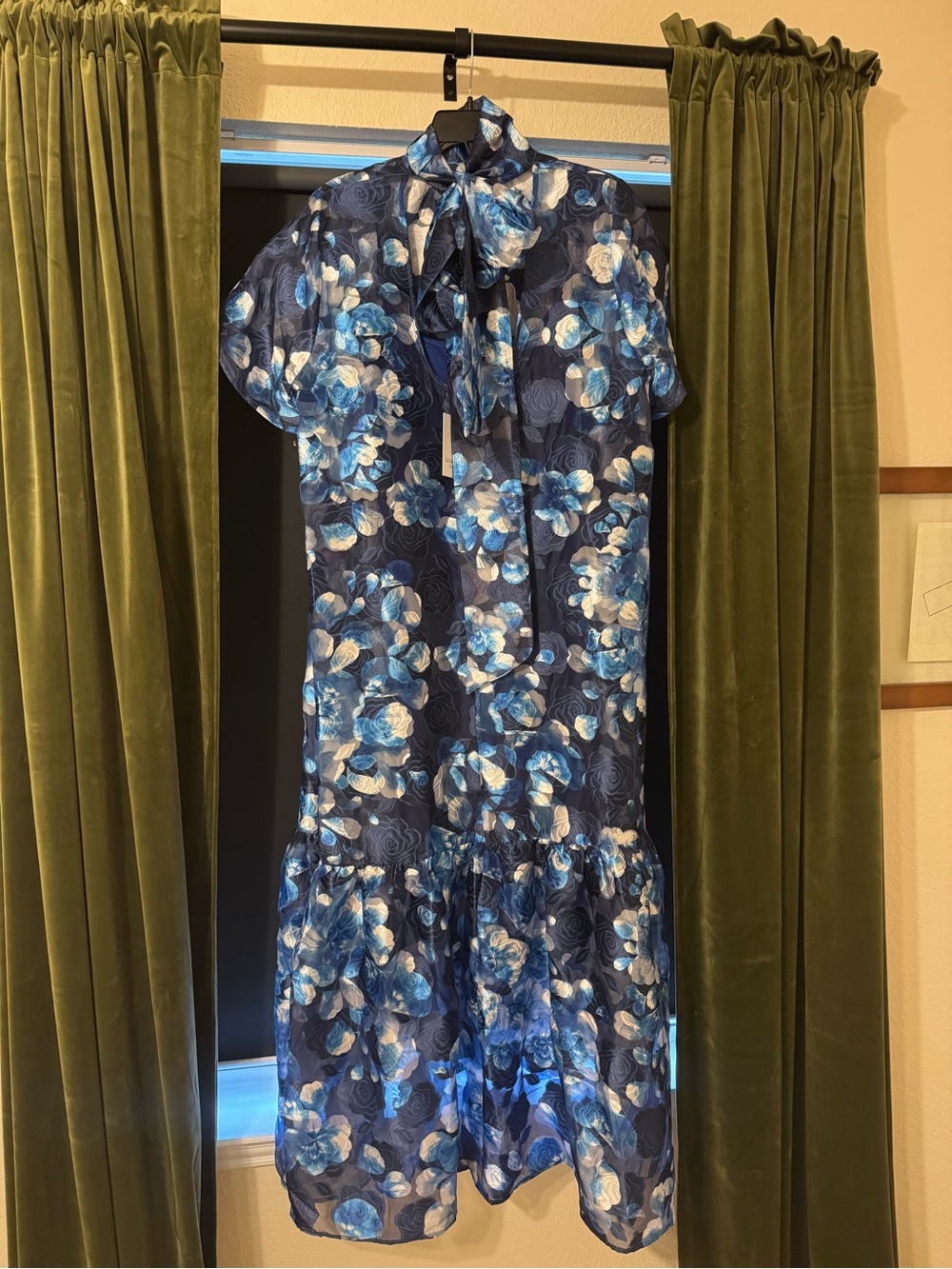 Blue Floral Dress with Short Sleeves, High Neck - Picture 2 of 2